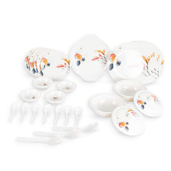 Kuber Industries 32 Pieces Round Melamine Microwave & Dishwasher Safe Dinnerware Kitchen Crockery Set | Glossy Dinner Sets & Kitchen Set for Home | Stylon Vector Floral - White