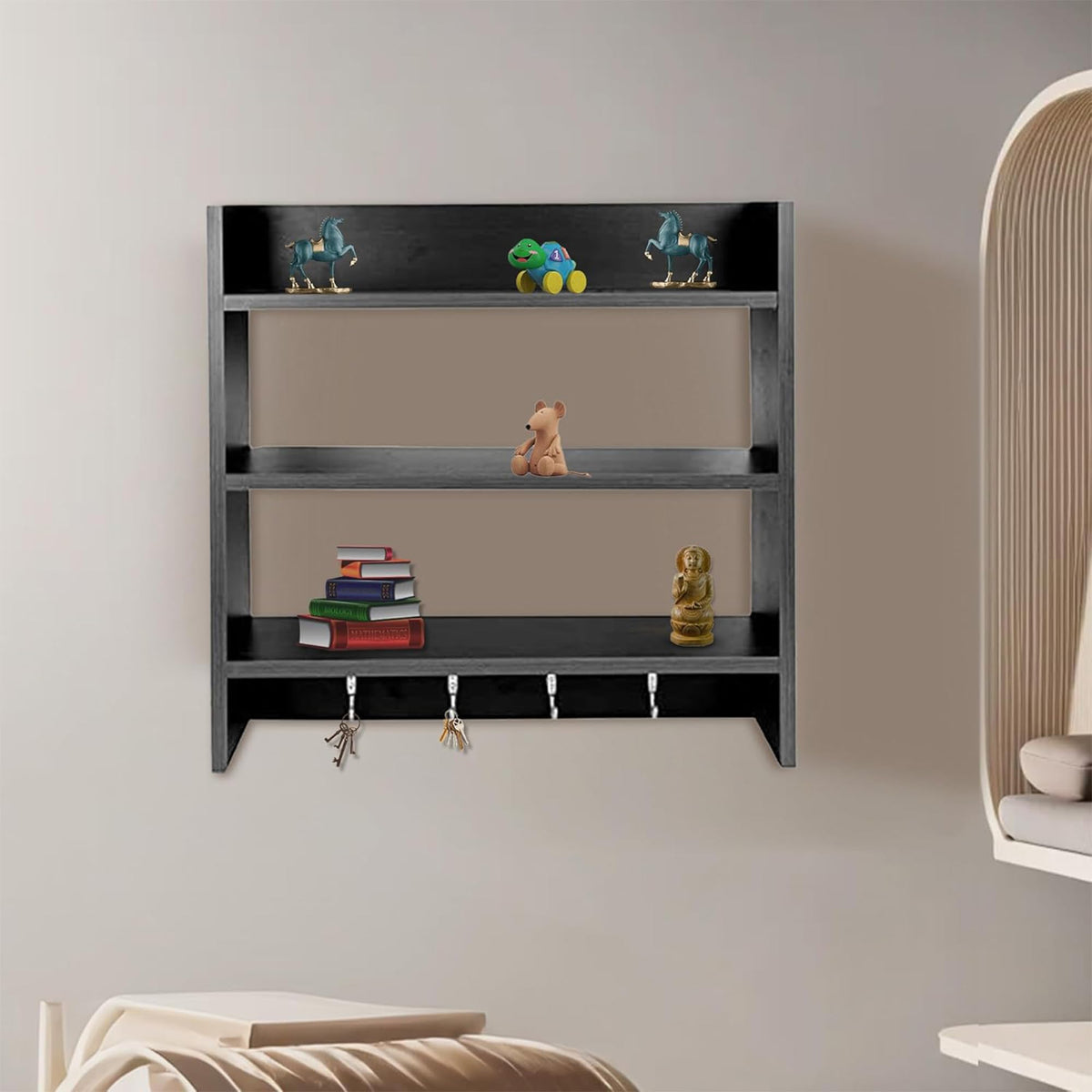 Heart Home Durable Wooden Rack Storage with Hook Wall Mount Wooden Wall Shelf for Bedroom & Living Room | Furniture Wall Rack Shelf for Decor | Brown