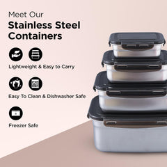 Heart Home Stainless Steel Kitchen Containers With Lid Set of 4-400ml, 600ml, 1600ml & 3500ml | Multipurpose Air Tight Food Storage Containers And Lunch Boxes For Office, School, College