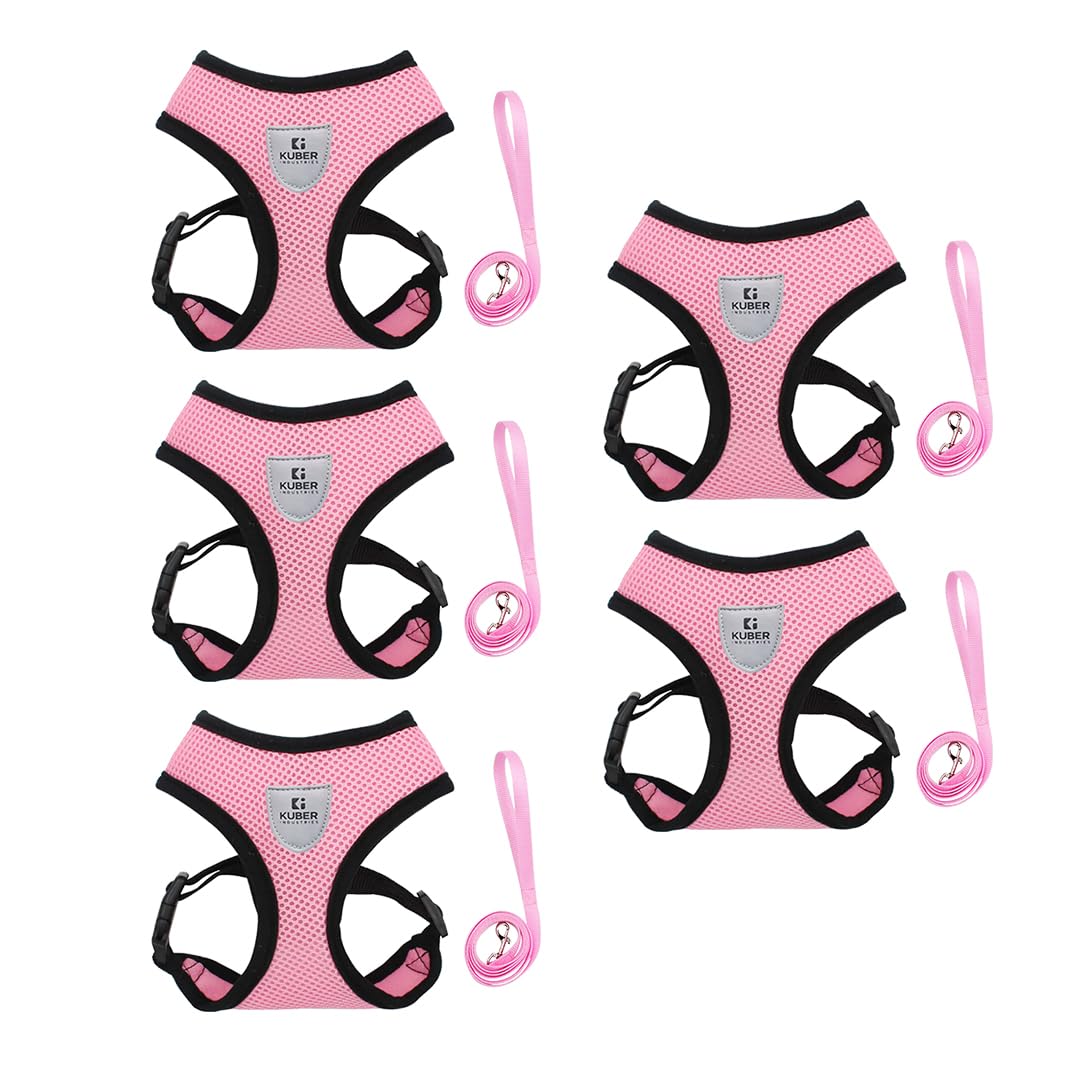 Kuber Industries Reflective Dog Harness With Adjustable Leash|Breathable Polyester Mesh Fabric With Top carry Handle|Medium Size|HAT-818|Comfortable No-Pull Grip|Quick Release Buckles|Pink (Pack Of 5)