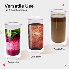 Homestic 2 Pcs Double Walled Glasses | Borosilicate Glass Tumblers for Water | High Heet Resistance | Microwave & Dishwasher Safe | Juice Glasse | 250 ML | Pack of 1 | Gray