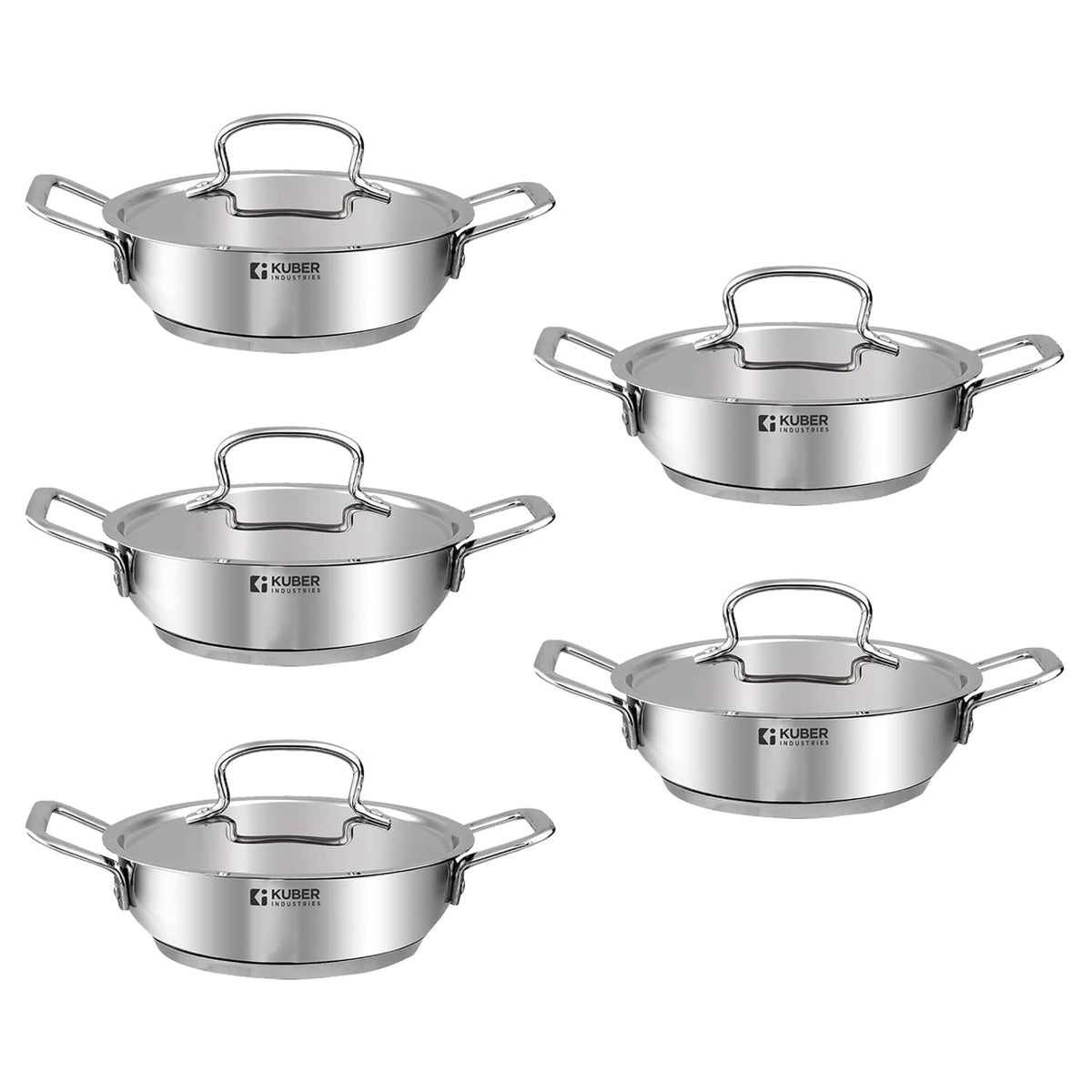 Kuber Industries Tri-ply Stainless Steel Kadhai with lid I Induction Base I 2.2 litres Capacity I 22cm Diameter I Extra Deep Frying Pan I Riveted Handles (Pack of 5)