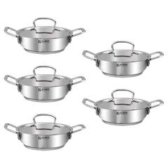 Kuber Industries Tri-ply Stainless Steel Kadhai with lid I Induction Base I 2.2 litres Capacity I 22cm Diameter I Extra Deep Frying Pan I Riveted Handles (Pack of 5)