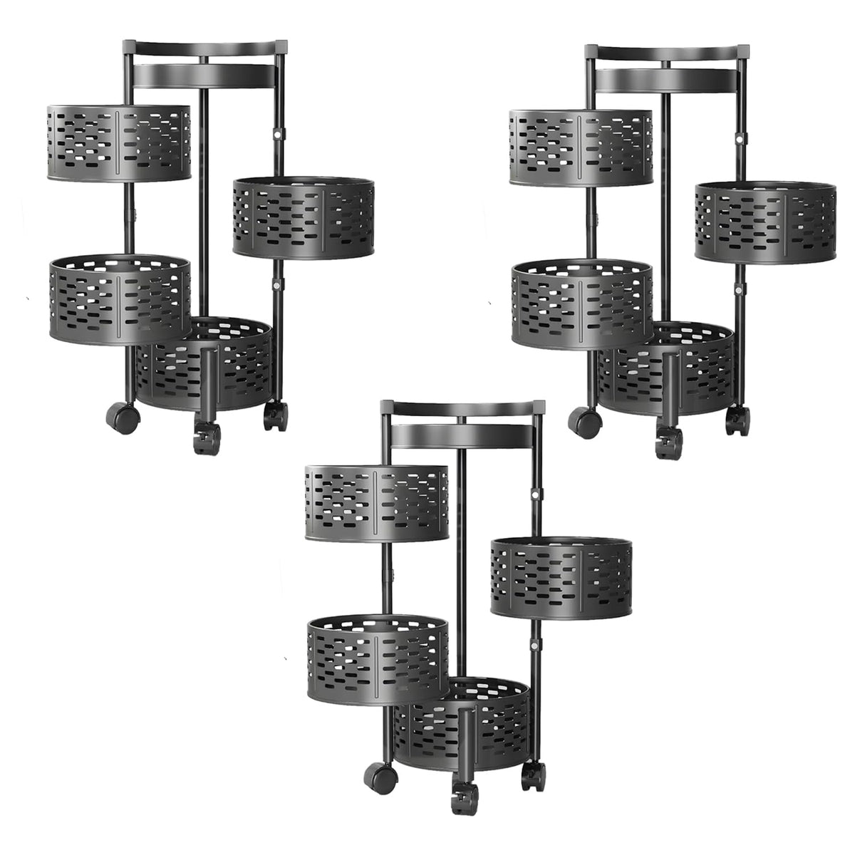 Kuber Industries 4-Layer Kitchen Trolley | 360° Rotating Storage Rack | Round Storage Rack with Wheels | Fruit and Vegetable Storage for Kitchen | Pack of 3 | (Black)