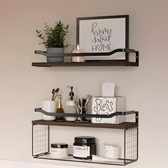 Kuber Industries Floating Shelves (2pcs) with One Wire Storage Basket | Wooden Floating Wall Shelf| Wall Mount| Wall Rack| Wall Bracket for Home and Office Decor | Big Mounted Cabinets | BW0388