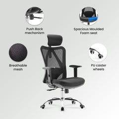 Kuber Industries Ergonomic Office Chairs for Work From Home | Comes with Manual Height Adjustable, Armrest, Headrest & 2D Lumbar Support | Comfy Study Chair for Students with Wheels | Black