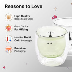 Heart Home 2 Pcs Cute Teddy Bear Cups | Borosilicate Double Wall Glass Cups | Microwave Safe | Heat Resistant | Scratch Proof | 250 ML | Pack of 1 | Green