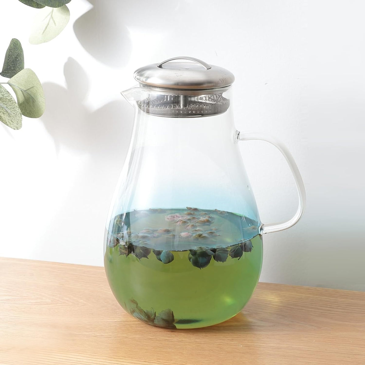 Kuber Industries Premium 970ml Glass Jug with Stainless Steel Lid and Handle | Leakproof Pitcher for Water, Cold Brew, Tea, Iced Coffee, Lemonade | Heat Resistant | Housewarming Gift | Blue