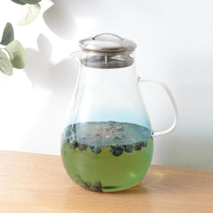 Kuber Industries Premium 970ml Glass Jug with Stainless Steel Lid and Handle | Leakproof Pitcher for Water, Cold Brew, Tea, Iced Coffee, Lemonade | Heat Resistant | Housewarming Gift | Blue