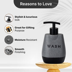 Kuber Industries Premium Polyresin Liquid Soap Dispenser | 250ml | Modern Stylish Kitchen Office Bathroom Dispenser for Kitchen | Non Fragile | Scratch Proof | Moisture Resistant | Grey-Black Color