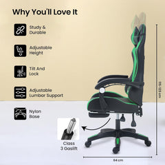 Kuber Industries Ergosmart PC Gaming Chairs with Wheels | Comes with Headrest, Lumbar Support Cushions & Footrest | Comfortable Chair for Long Sitting & Back Pain Relief | 2023-6F-GRN-Black & Green