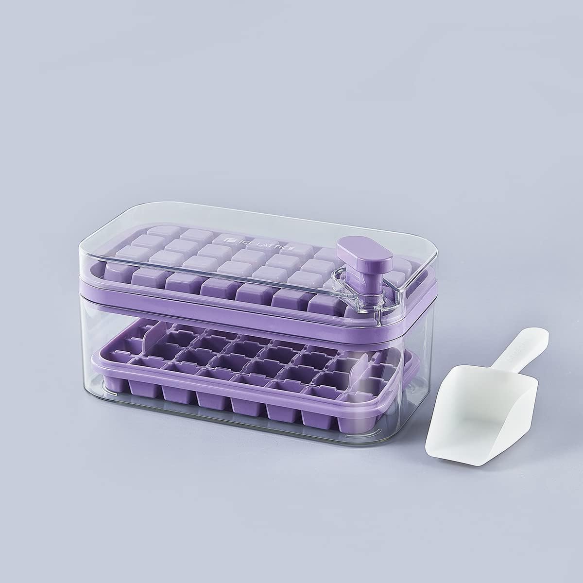 Kuber Industries 2 Layer Ice Cube Tray with Lid | Fridge Ice Cube container | 64 ice cube molds for freezing | One-Press Demolding | BPA Free | Purple