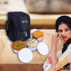 Kuber Industries Lunch Box|Canvas Leak Proof 3 Stainless Steel Insulated Containers Lunch Bag|Adjustable Straps Tiffin Box with Zipper Closure (Black) (Pack of 5)