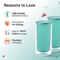 Heart Home 2 Pcs Double Walled Glasses | Borosilicate Glass Tumblers for Water | High Heet Resistance | Microwave & Dishwasher Safe | Juice Glasse | 250 ML | Pack of 1 | Green