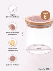 Kuber Industries Borosilicate Glass Jar with Printed Bamboo Lid|Kitchen Organizer Items and Storage|Multi-utility, Leakproof, Airtight Storage Jar for Cookies,Snacks,Tea,Coffee,Sugar|Pack of 6(300ml)