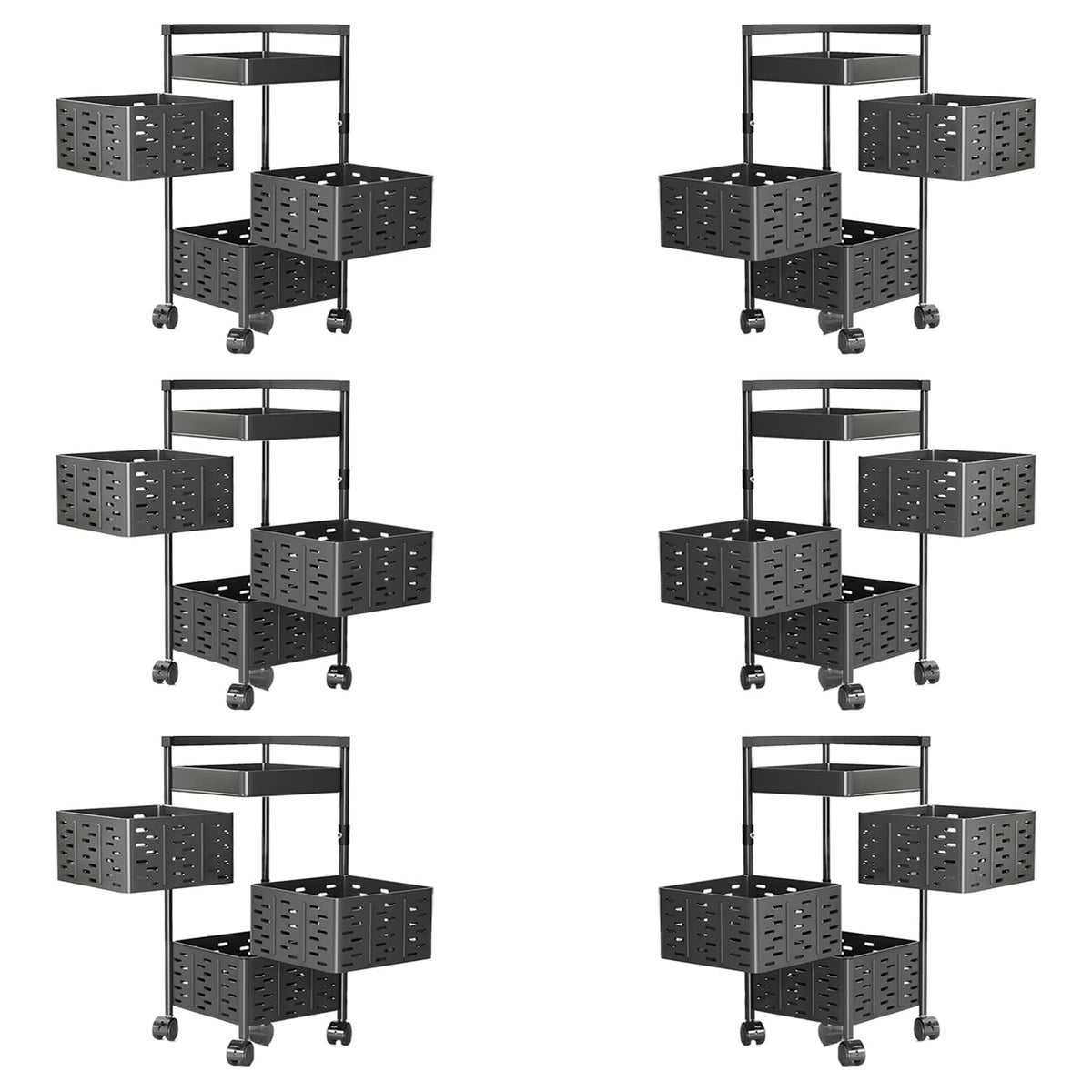 Kuber Industries 3-Layer Kitchen Trolley | 360� Rotating Storage Rack | Square Storage Rack with Wheels | Fruit and Vegetable Storage for Kitchen |Pack of 6 | (Black)