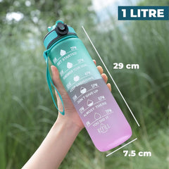 Kuber Industries Motivational Water Bottle with Time Marker | Sipper Water Bottle for Kids & Adults with Straw | for Gym, Home, Office & School | Green Purple -1 L (Pack of 6)