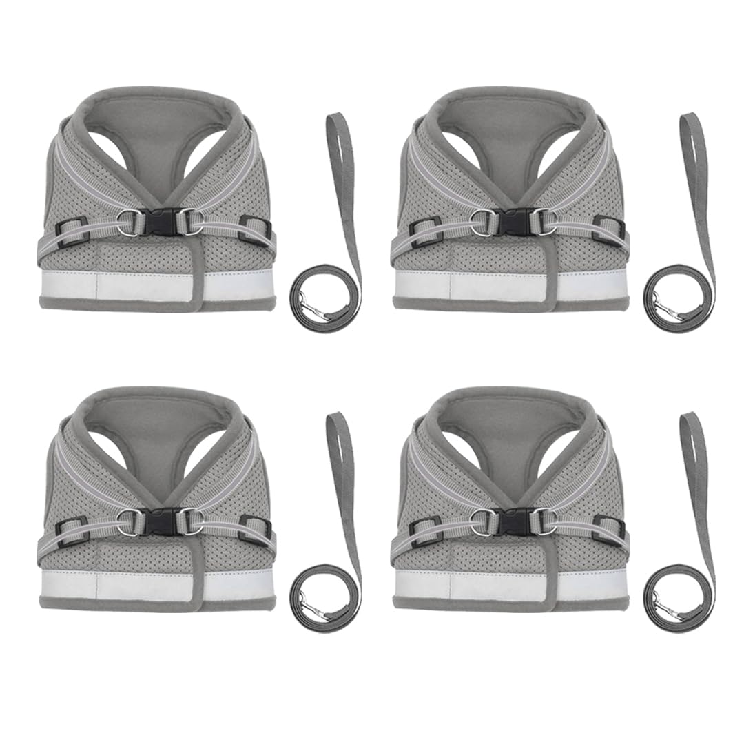 Kuber Industries Reflective Dog Harness With Adjustable Leash|Breathable Polyester Mesh Fabric |XS Size|HT-844|Comfortable No-Pull Grip|QuickRelease Buckles|Easy On - Easy Off Harness|Grey (Pack Of 4)