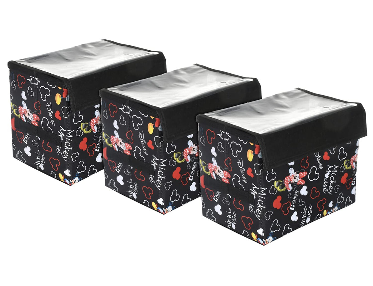 Kuber Industries Disney Minnie Storage Box|Non-Woven Foldable Small Storage Organizer for Toys|Cloths with Transparent Lid & Handle|Pack of 3 (Black)