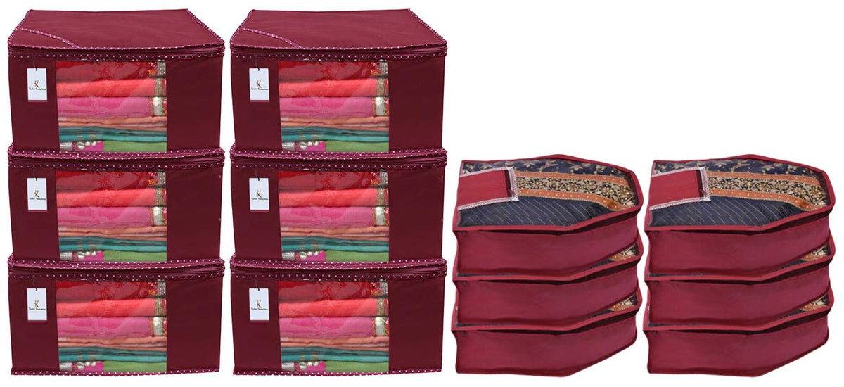 Kuber Industries Non Woven 6 Pieces Saree Cover/Cloth Wardrobe Organizer and 6 Pieces Blouse Cover Combo Set (Maroon)