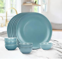 Heart Home 12 Pcs Ceramic Dinner Set | Dishwasher & Microwave Safe | Crockery Set for Dining & Gifting | 6 Pcs Dinner Plates & 6 Pcs Bowl | Blue