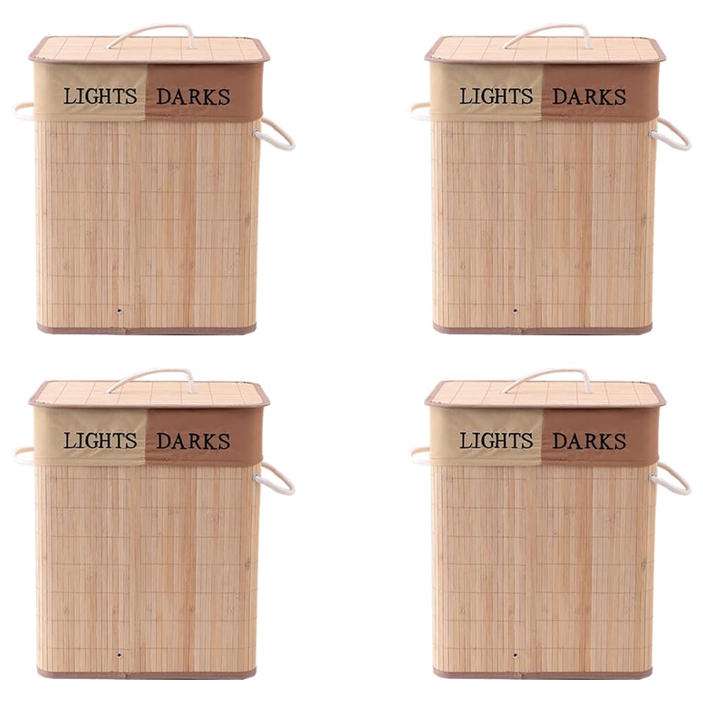 Kuber Industries Bamboo Basket With Lid|Foldable Laundry Basket For Clothes|Durable Rope Handles & Removable Bag|Natural|Pack Of 4