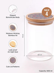 Urbane Home Borosilicate Glass Jar with Printed Bamboo Lid|Kitchen Organizer Items and Storage|Multi-utility, Leakproof, Airtight Storage Jar for Cookies,Snacks,Tea,Coffee,Sugar|Pack of 4(600ml)