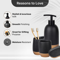 Urbane Home Premium 4-Piece Bathroom Accessories Set | Soap Dish | Liquid Soap Dispenser (250ml) | Tumbler | Brush Holder | Moisture Resistant | Scratch Proof | Black-Golden