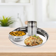 Kuber Industries Stainless Steel Dinner Set | Steel Plates Set of 6 (29 cm Diameter) I Steel Bowl Set of 6 (300ml) I Steel Glass Set of 6 (300ml) I Heavy Gauge|Mirror Finish |Multi-Purpose Steel Set