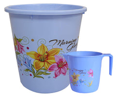 Kuber Industries Printed 2 Pieces Unbreakable Virgin Plastic Multipurpose Bathroom Dustbin & Mug Set (Blue)