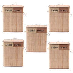 Kuber Industries Bamboo Basket With Lid|Foldable Laundry Basket For Clothes|Durable Rope Handles & Removable Bag|Natural|Pack Of 5