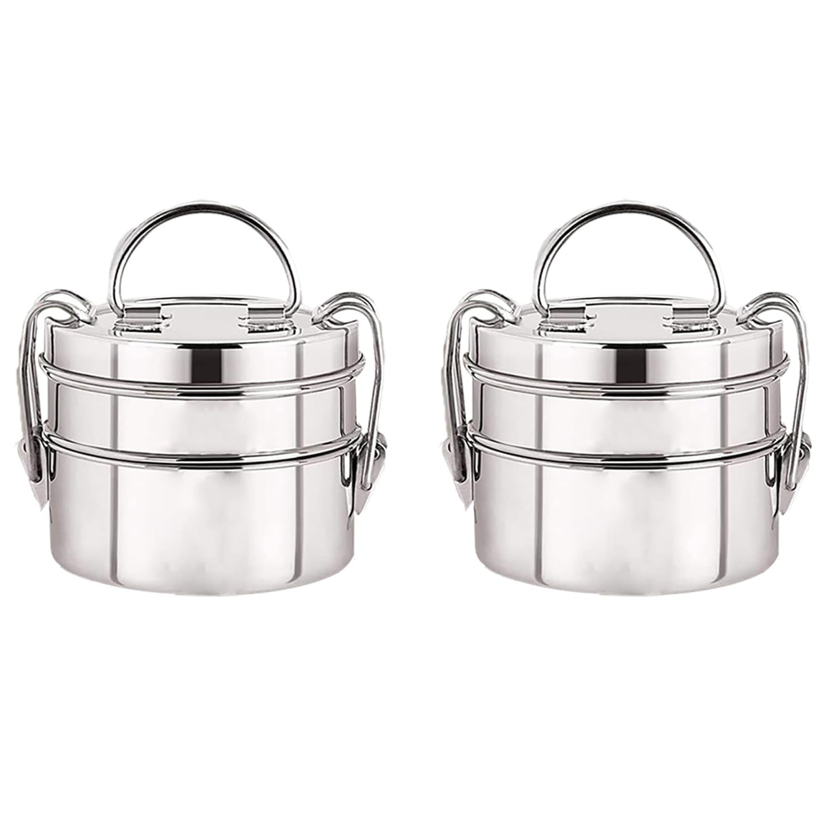 Kuber Industries Clipper Stainless Steel Tiffin Box | Lunch Box with Locking Clip I Silver | Set of 2 Box | Everyday use Home Office Steel Lunch Box (2 Container, 1000ml) (Pack of 2)
