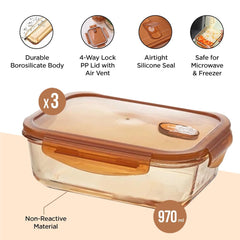 Kuber IndustriesBorosilicate Glass Kitchen Containers Set with Airvent PP Lid | Airtight Rectangular Fridge Storage Boxes for Grains, Pulses, Spices, Snacks | 970 ml Each | Transparent