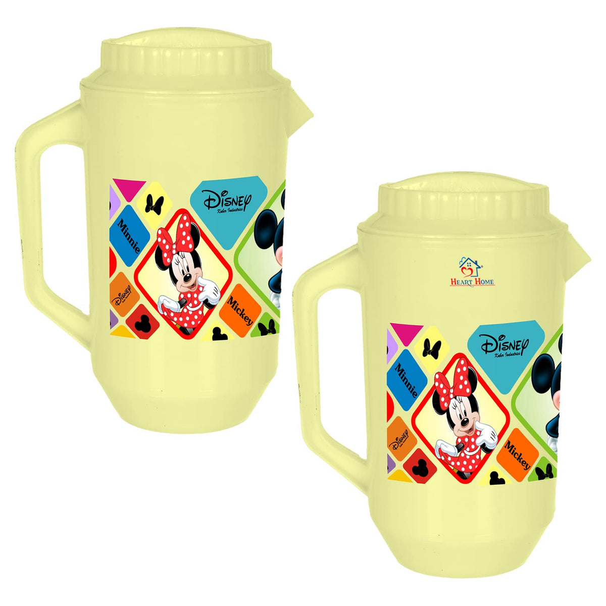 Heart Home Multiuses Mickey Minnie Print Leak Proof Unbreakable Plastic Water Jug with Lid for Water, Juice, Milk 2 Liter Pack of 2 (Cream)