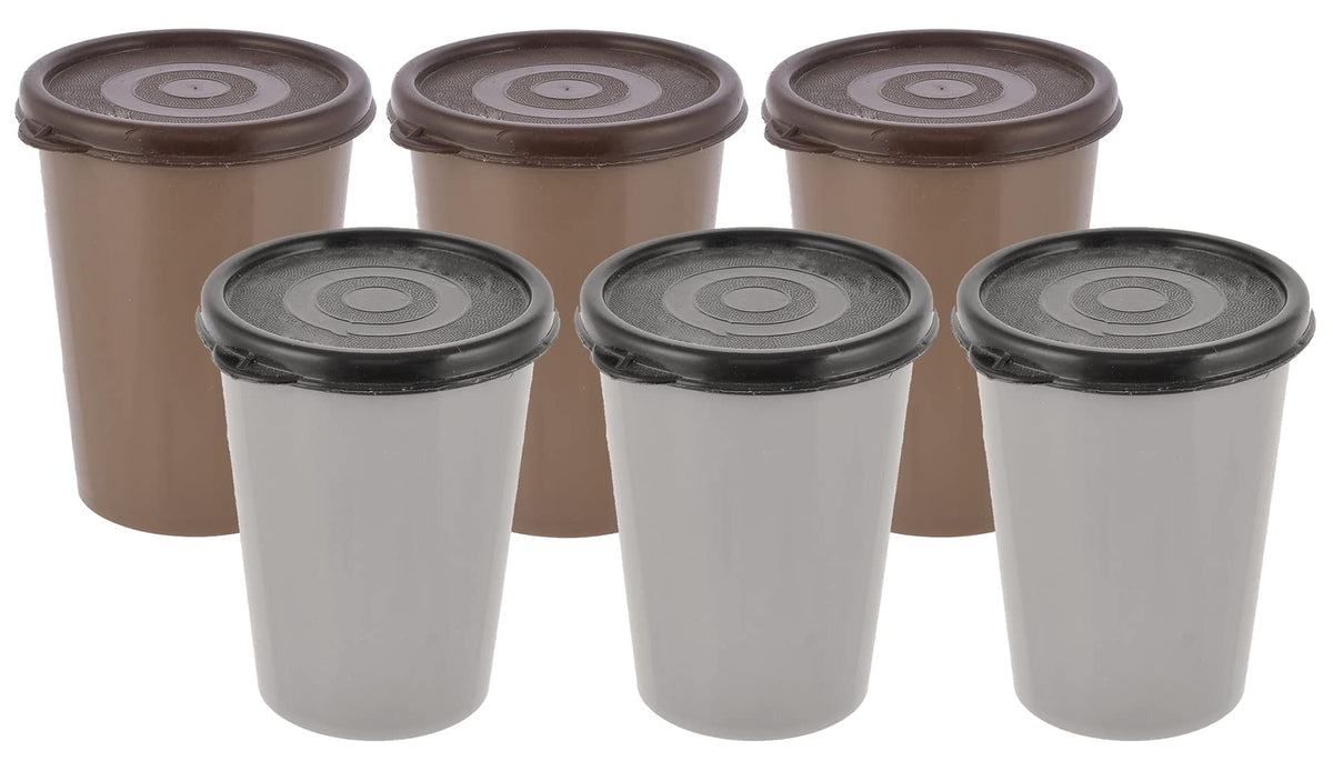 Heart Home Plastic Glass/Tumbler with Lid, 300ml- Set of 6 (Grey & Brown)-HS43HEARTH25691