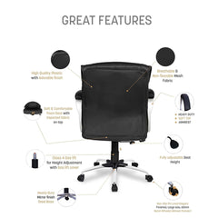Kuber Industries Ergonomic Leather Office Chairs for Work From Home | Comes with Manual Height Adjustable, Armrest, Headrest & Lumbar Support | Comfy Study Chair for Students with Wheels | Black