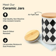 Kuber Industries 800ml Ceramic Jar for Kitchen Storage | Air Tight Container Set with Bamboo Lid | Kitchen Container for Snacks, Tea, Sugar | Multipurpose Organizer | Diamond pattern (Pack of 2)