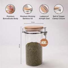 Heart Home Borosilicate Glass Jar with Bamboo Lid | Kitchen Organizer Items & Storage | Multi-utility, Leakproof, Airtight Storage Jar for Cookies, Snacks, Tea, Coffee, Sugar | Set of 2 (1400ml)