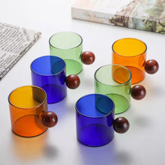 Urbane Home 2 Pcs Borosilicate Glass Coffee Cups | Cup with Wooden Ball Handle | High Heat Resistant | Microwave and Dishwasher Safe | 120 ML | Pack of 1 | Amber