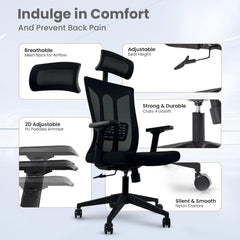 Kuber Industries Ergonomic Office Chairs for Work From Home | Comes with Manual Height Adjustable, Armrest, Headrest & 2D Lumbar Support | Comfy Study Chair for Students with Wheels | Black | 1547A