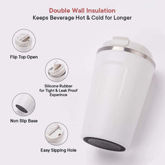 Kuber Industries Insulated Coffee Tumbler Mug with Lid for Office, Gym & Travel | Stainless Steel Leak-Proof Thermos for Tea/Coffee/Water - Ideal for Hot & Cold Beverages | CO230204B-White