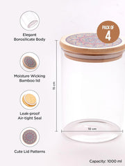 Kuber Industries Borosilicate Glass Jar with Printed Bamboo Lid|Kitchen Organizer Items and Storage|Multi-utility, Leakproof, Airtight Storage Jar for Cookies,Snacks,Tea,Coffee,Sugar|Pack of 4(1000ml)