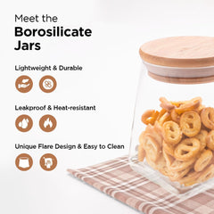 Urbane Home Borosilicate Glass Jar with Bamboo Lid | Kitchen Organizer Items & Storage | Multi-utility, Leakproof, Airtight Jar for Cookies, Snacks, Tea, Coffee, Sugar | Set of 2 (360ml & 560ml)