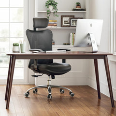 Kuber Industries Ergonomic Office Chairs for Work From Home | Comes with Manual Height Adjustable, Armrest, Headrest & 2D Lumbar Support | Comfy Study Chair for Students with Wheels | Black