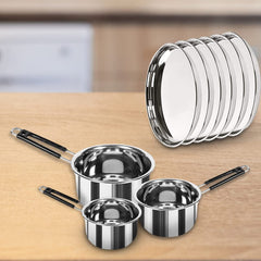 Kuber Dinner Plates & Sauce Pan Combo Set|Dinner Plates Set of 6 | 3 Piece Sauce Pan, Chai Pan | Heavy-Duty Stainless Steel | Silver
