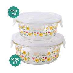 Urbane Home Borosilicate Printed Container With Lid (Round) | JDA050-MUL | Transparent | Pack Of 2
