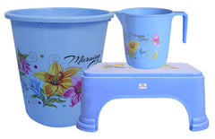 Heart Home Printed 3 Pieces Unbreakable Virgin Plastic Multipurpose Mug, Dustbin & Stool Set (Blue)
