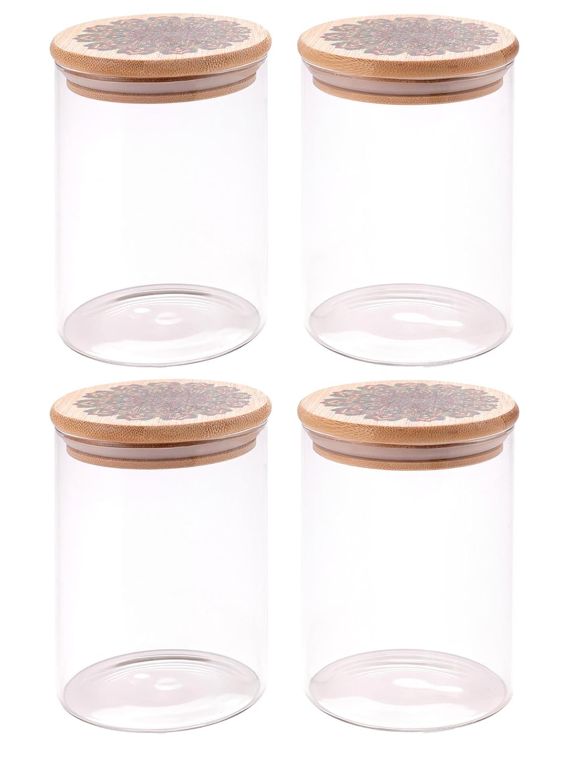 Kuber Industries Borosilicate Glass Jar with Printed Bamboo Lid|Kitchen Organizer Items and Storage|Multi-utility, Leakproof, Airtight Storage Jar for Cookies,Snacks,Tea,Coffee,Sugar|Pack of 4(600ml)