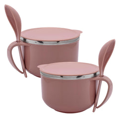 Heart Home Noodle & Soup Bowl Set | Steel Noodle Bowl with Spoon | Airtight Bowl for Pasta-Rice | Food Container | Office Bowl | Kitchen Bowl Set | 600 ML | Pack of 2 | Brown