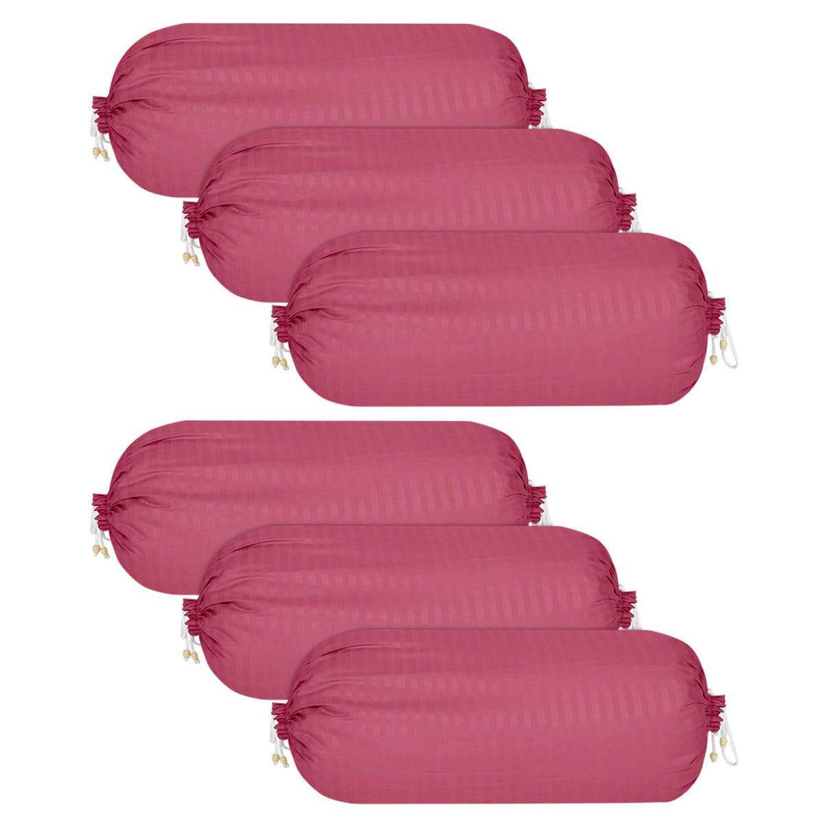 Heart Home Bolster Covers | Soft Cotton Bolster Cover Set | Diwan Round Bolster Pillow Covers | Striped Pattern Masand Cover | 16x32 Inch | Pack of 6 | Pink